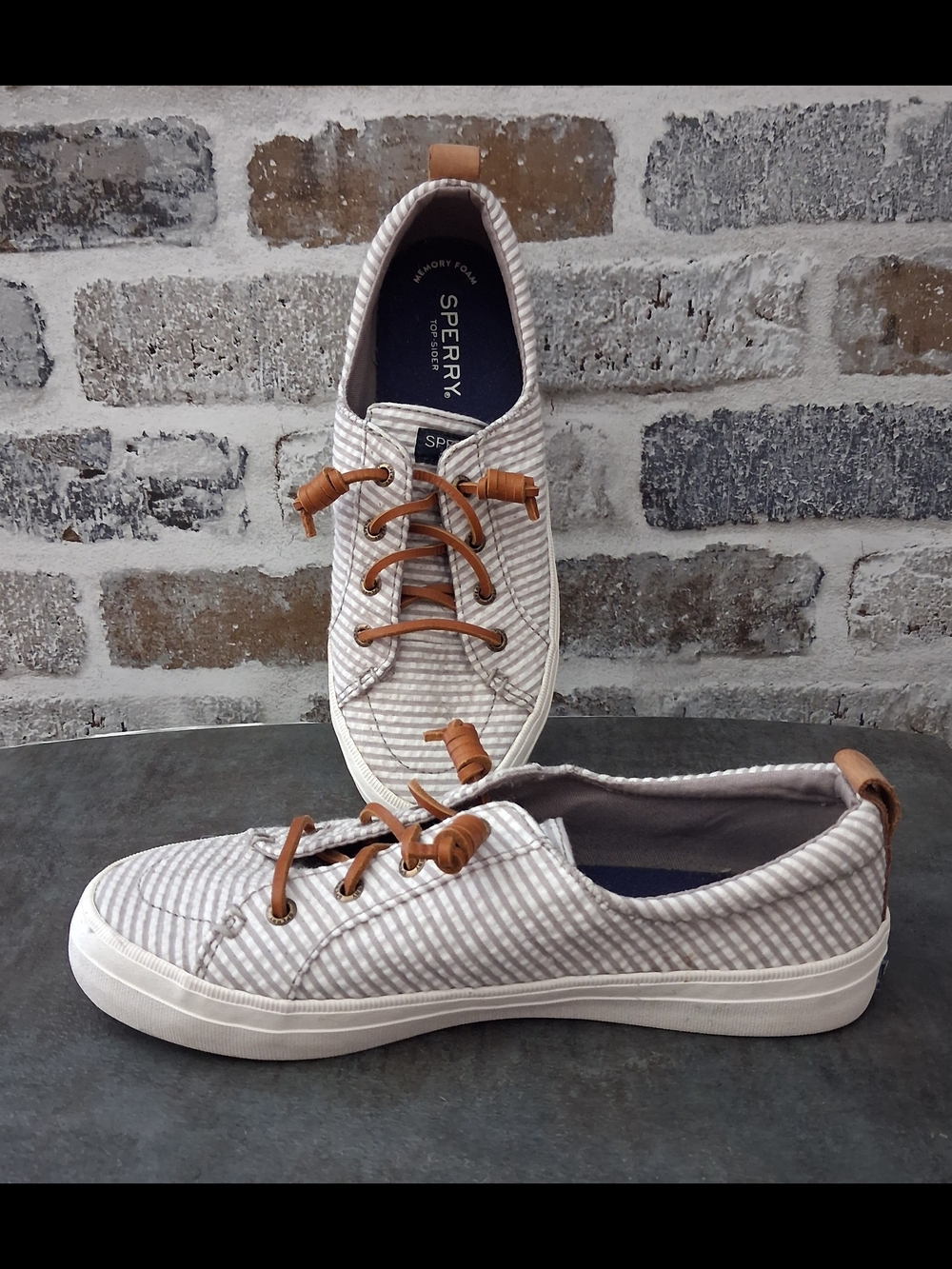 Sperry Women's Striped Canvas Boat Shoe in Light Gray and Tan